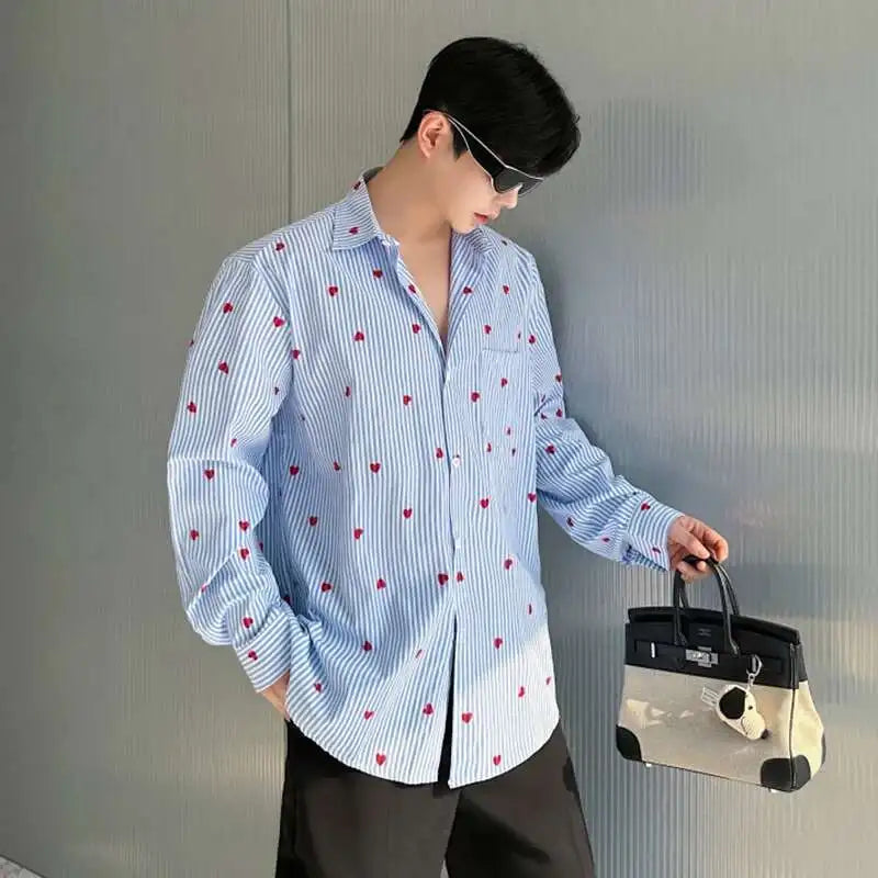 Striped Love-Print Turn-Down Collar Shirt