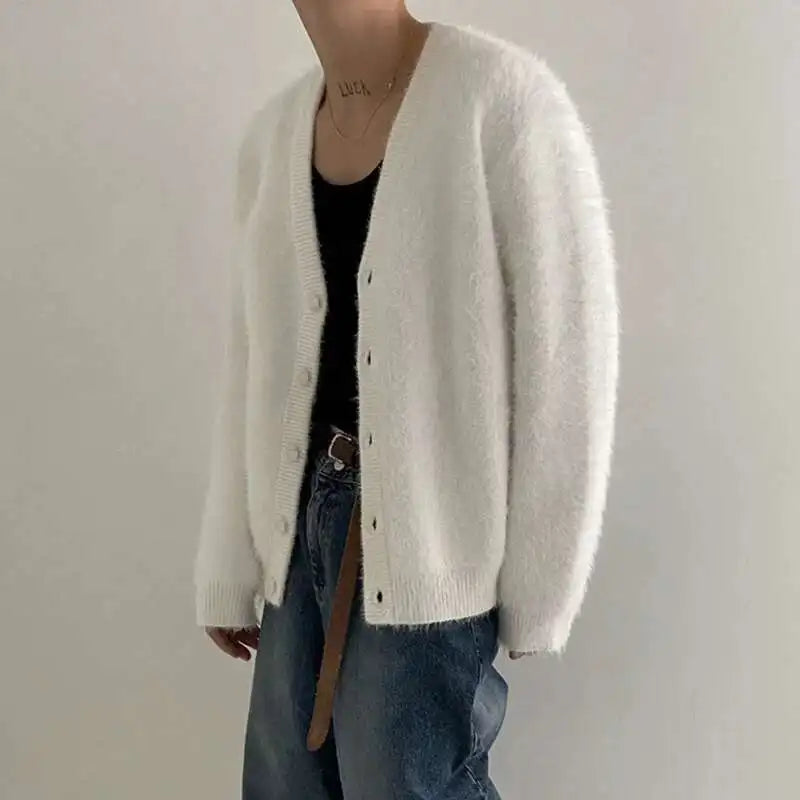 Mink Fleece V-Neck Single-Breasted Knit Cardigan