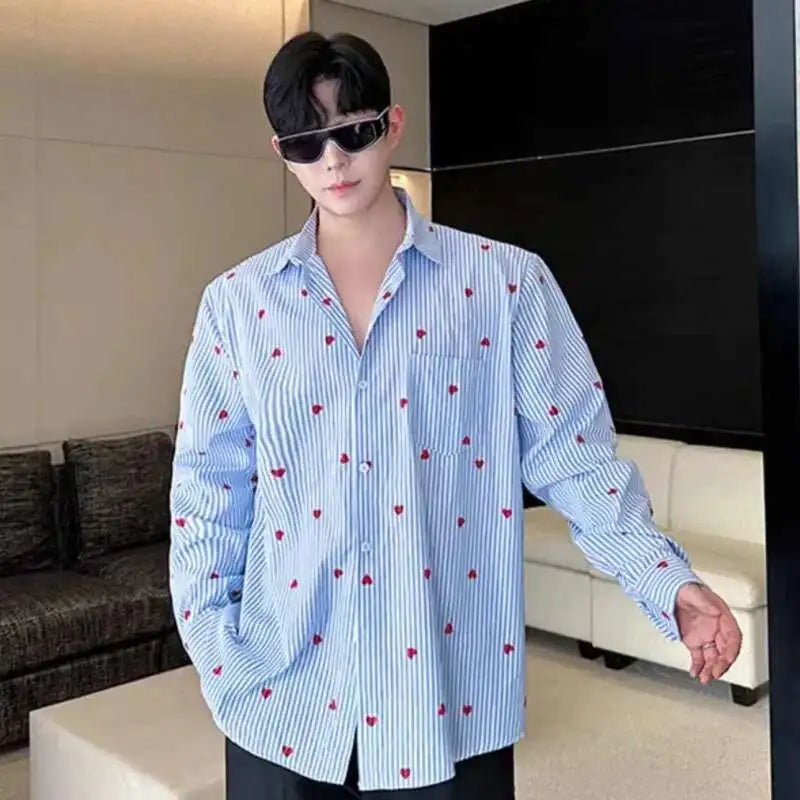 Striped Love-Print Turn-Down Collar Shirt