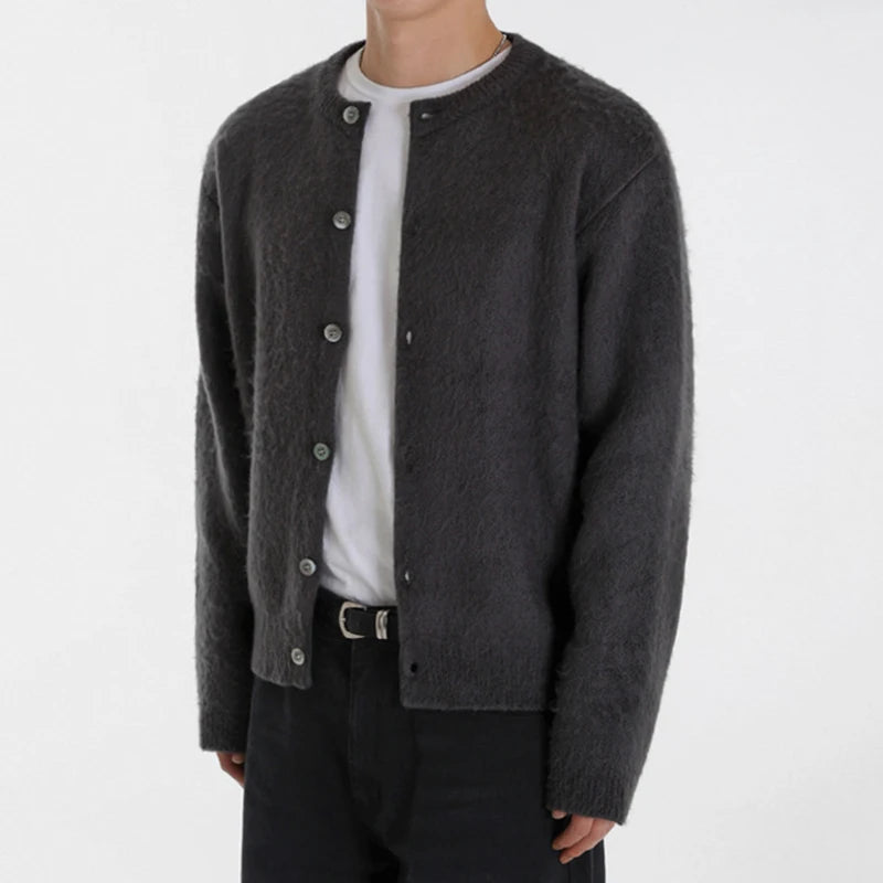 Solid Round-Neck Single-Breasted Cardigan