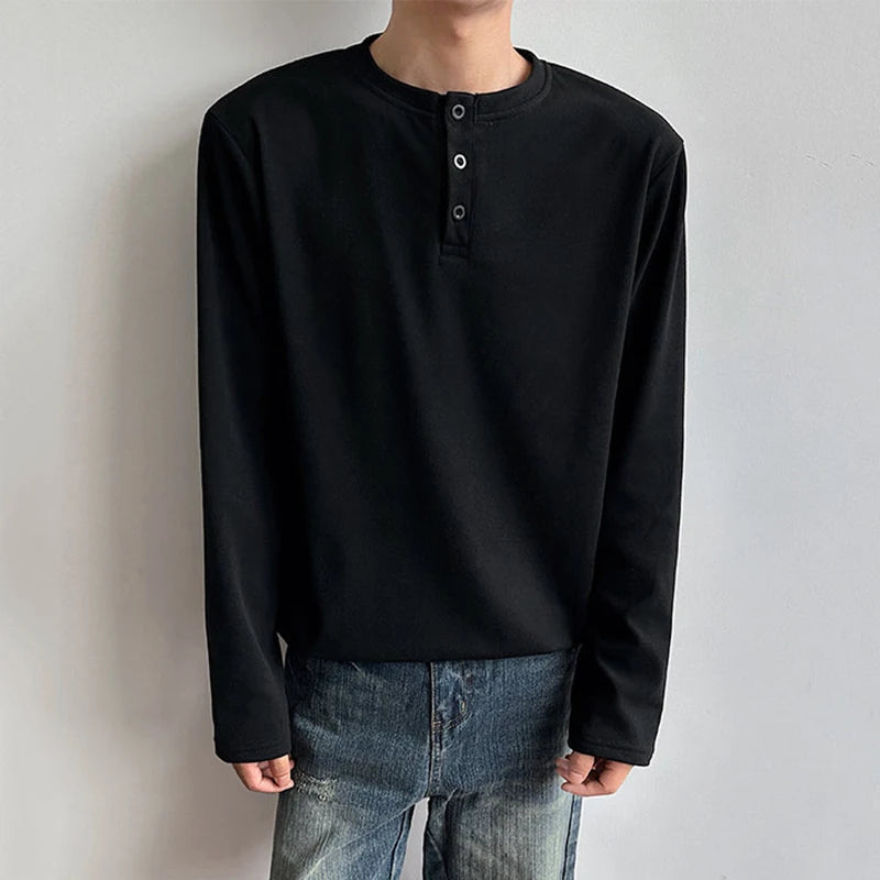 Button Round-Neck Solid Long-Sleeve Tee
