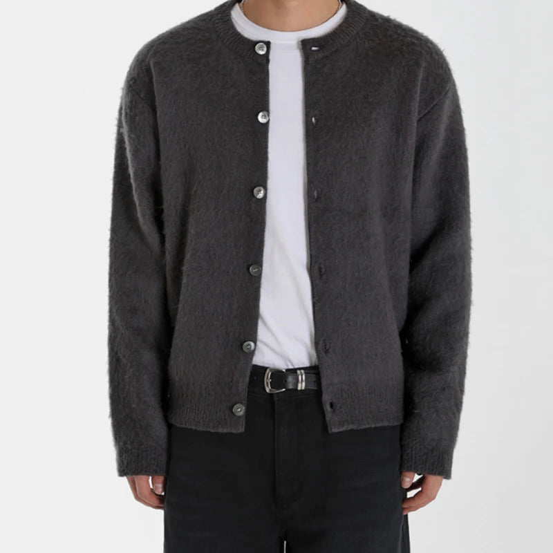 Solid Round-Neck Single-Breasted Cardigan