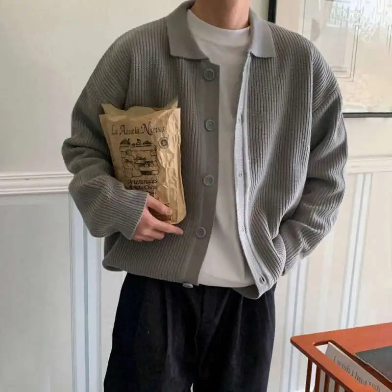 Turn-Down Collar Single-Breasted Knit Cardigan