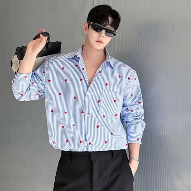 Striped Love-Print Turn-Down Collar Shirt