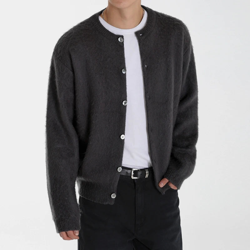 Solid Round-Neck Single-Breasted Cardigan