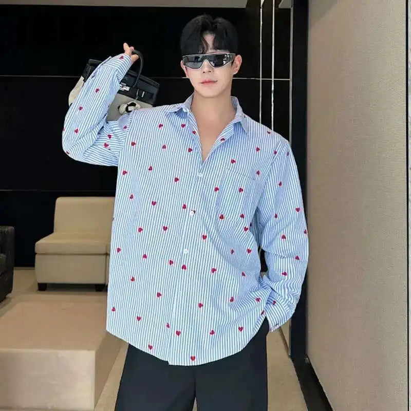 Striped Love-Print Turn-Down Collar Shirt