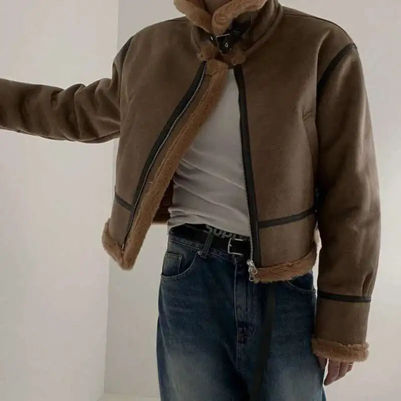 Suede Fur Collar Moto Jacket