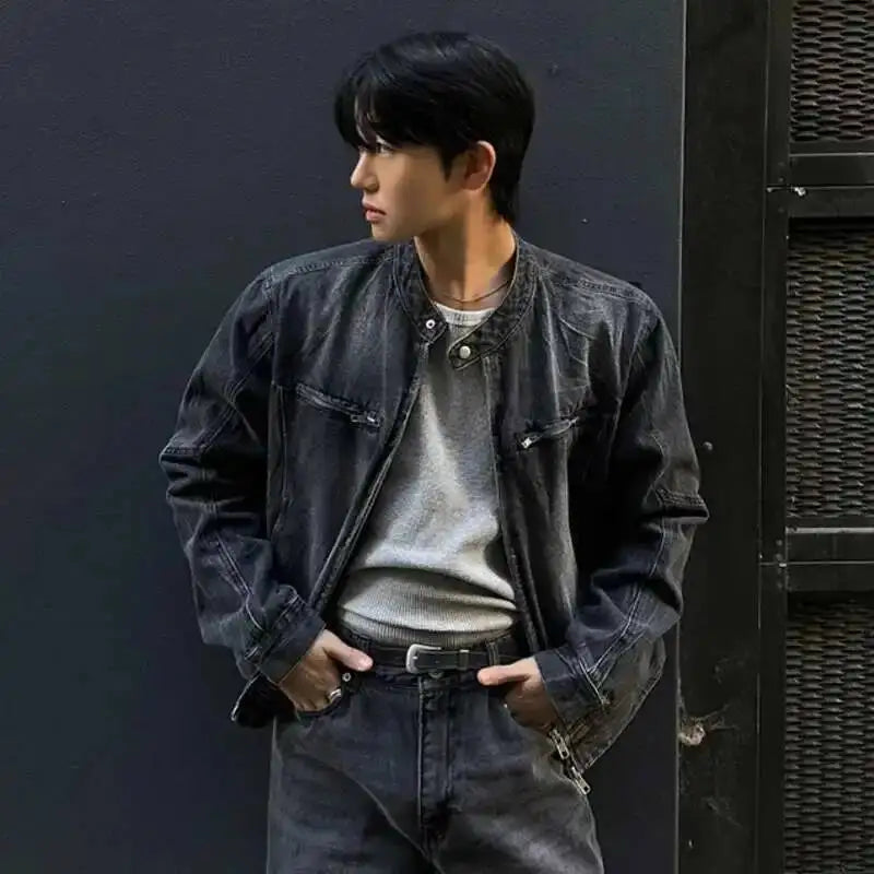 Washed Denim Biker Jacket