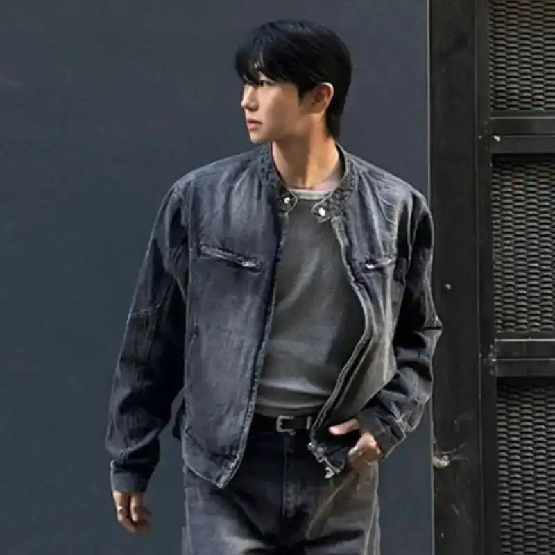 Washed Denim Biker Jacket