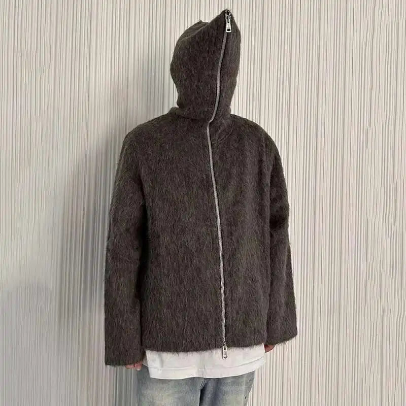Hooded Zip Mohair Knit Cardigan