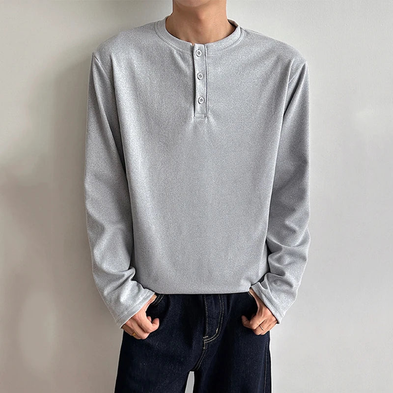 Button Round-Neck Solid Long-Sleeve Tee
