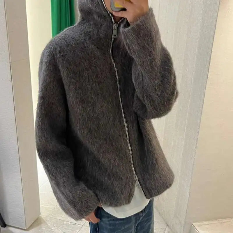 Hooded Zip Mohair Knit Cardigan