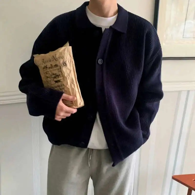 Turn-Down Collar Single-Breasted Knit Cardigan