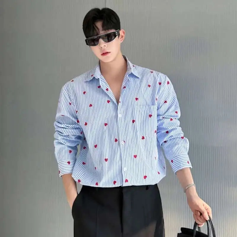 Striped Love-Print Turn-Down Collar Shirt