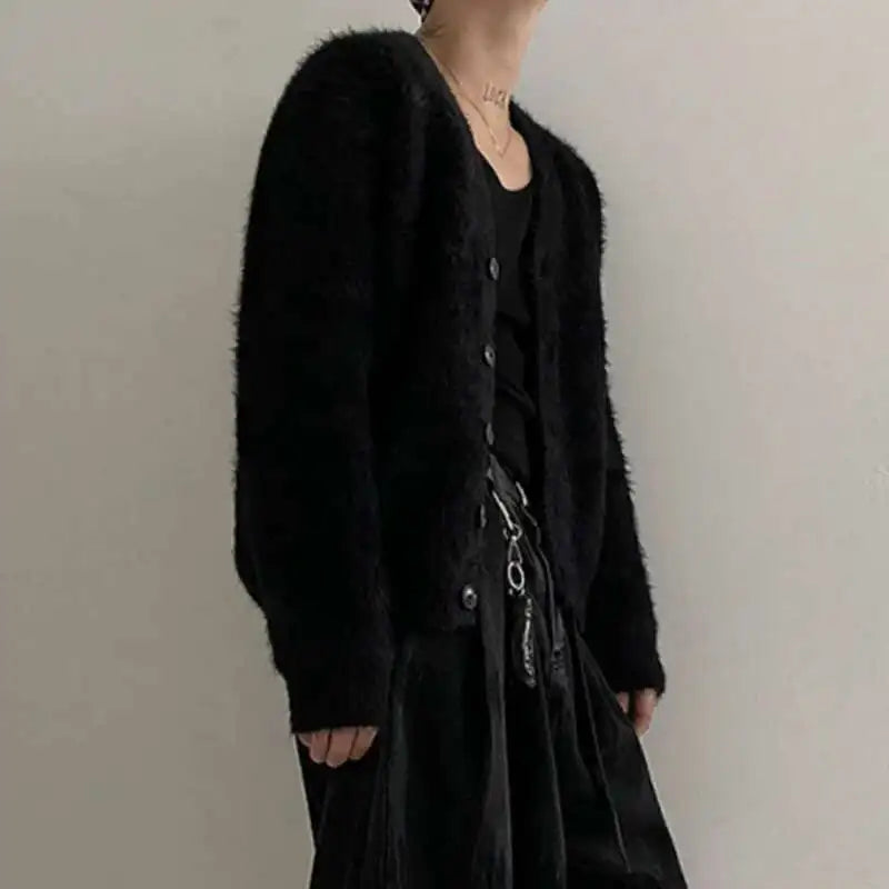 Mink Fleece V-Neck Single-Breasted Knit Cardigan