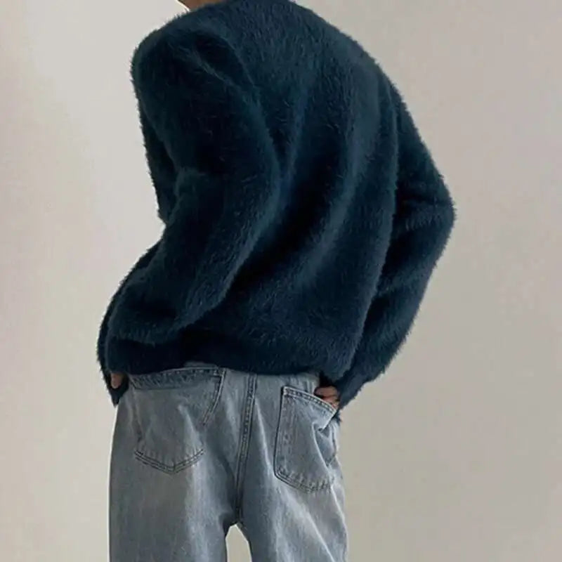 Mink Fleece V-Neck Single-Breasted Knit Cardigan