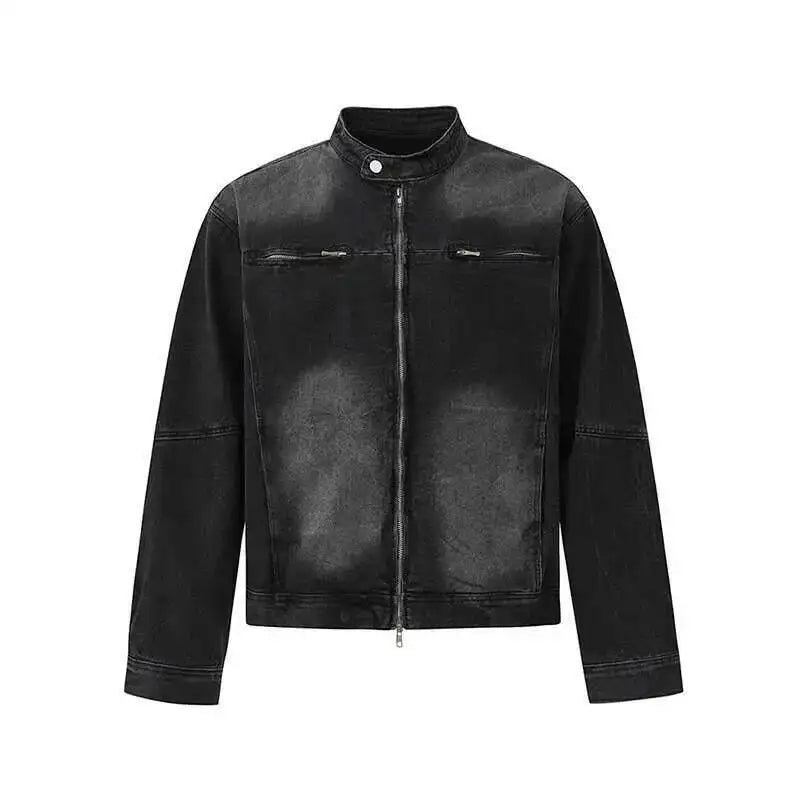 Washed Denim Biker Jacket