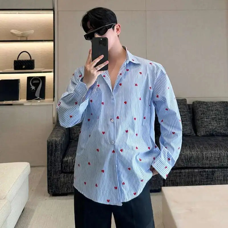 Striped Love-Print Turn-Down Collar Shirt