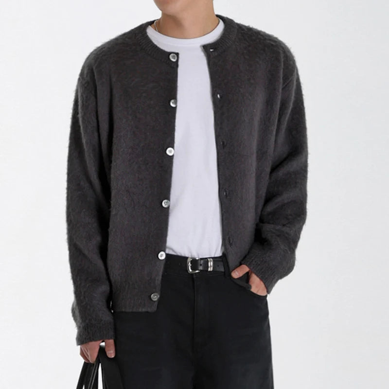 Solid Round-Neck Single-Breasted Cardigan