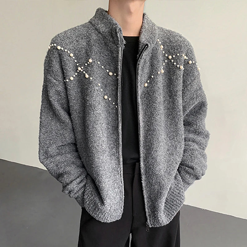 Pearl-Detail Zip Cardigan