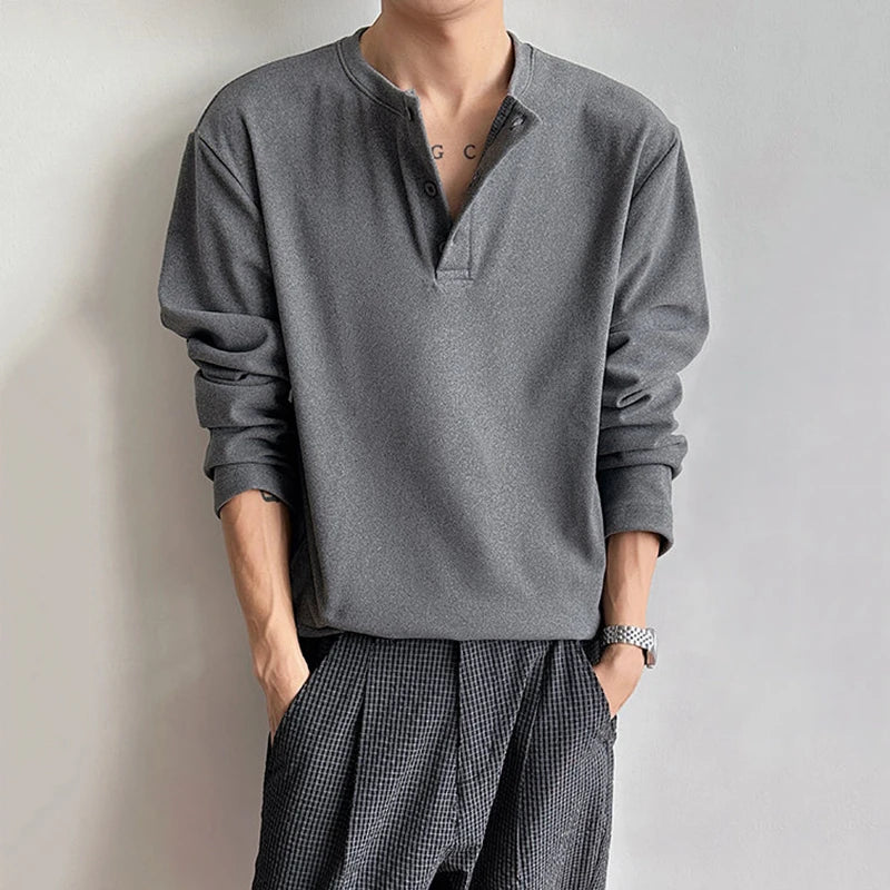 Button Round-Neck Solid Long-Sleeve Tee