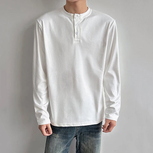 Button Round-Neck Solid Long-Sleeve Tee