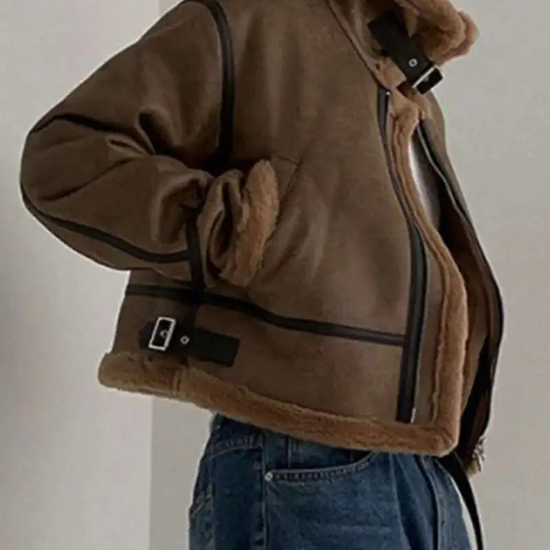 Suede Fur Collar Moto Jacket