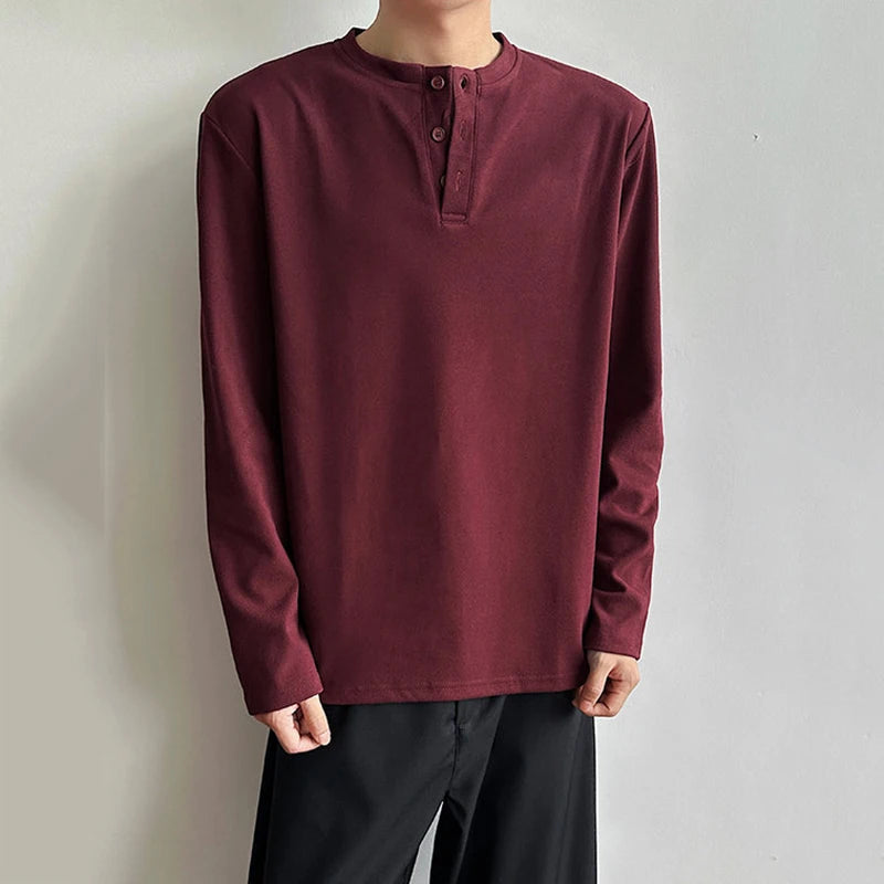 Button Round-Neck Solid Long-Sleeve Tee
