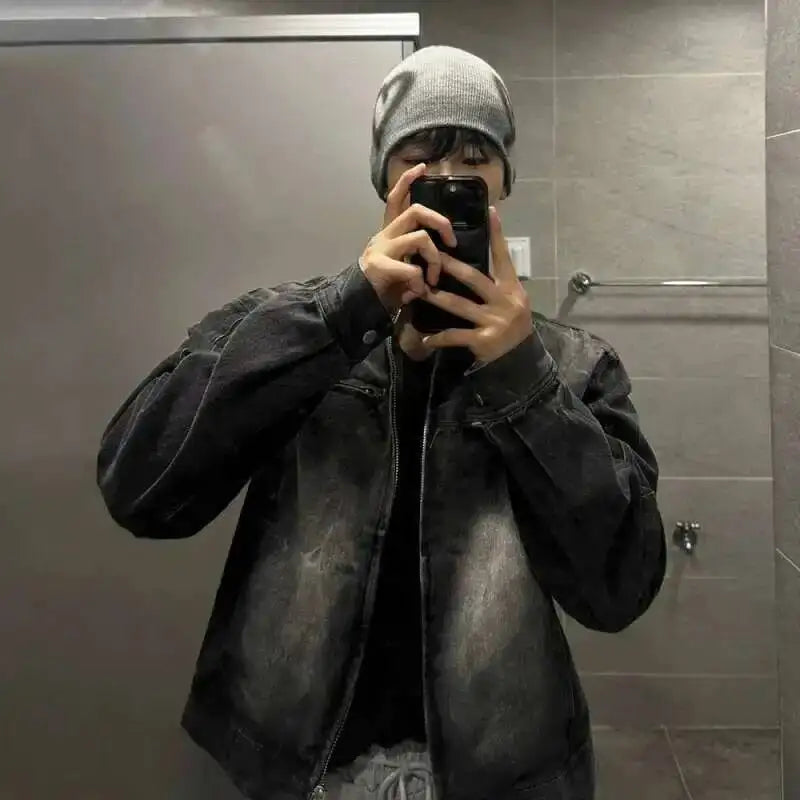 Washed Denim Biker Jacket