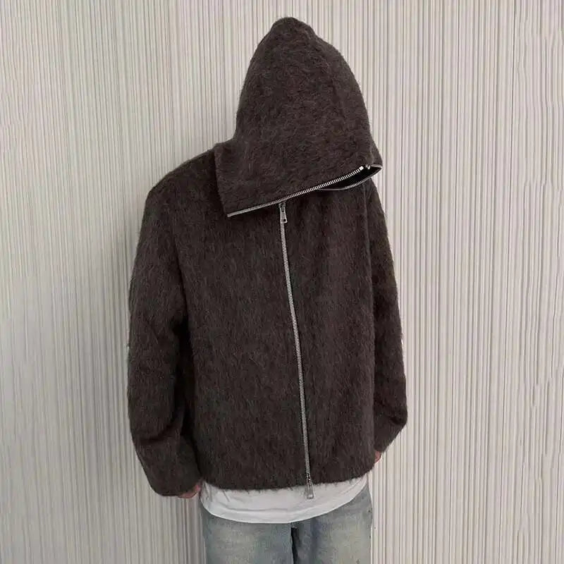 Hooded Zip Mohair Knit Cardigan