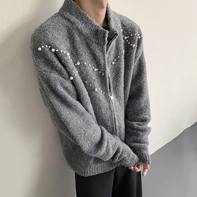 Pearl-Detail Zip Cardigan