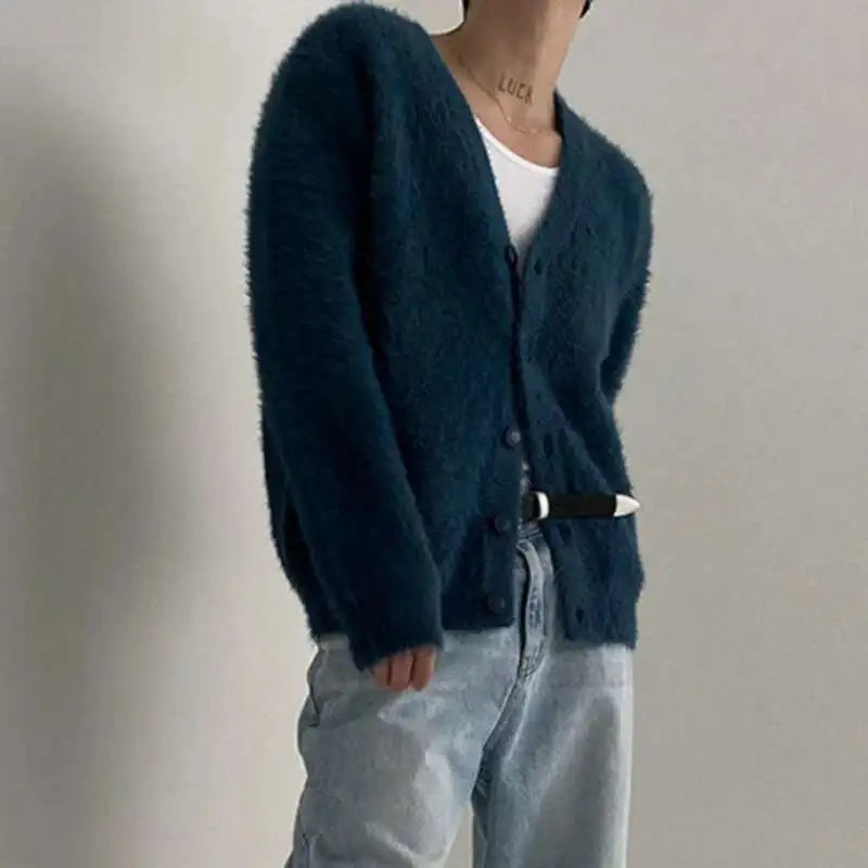 Mink Fleece V-Neck Single-Breasted Knit Cardigan