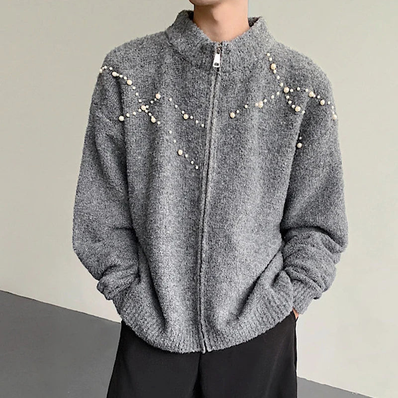 Pearl-Detail Zip Cardigan