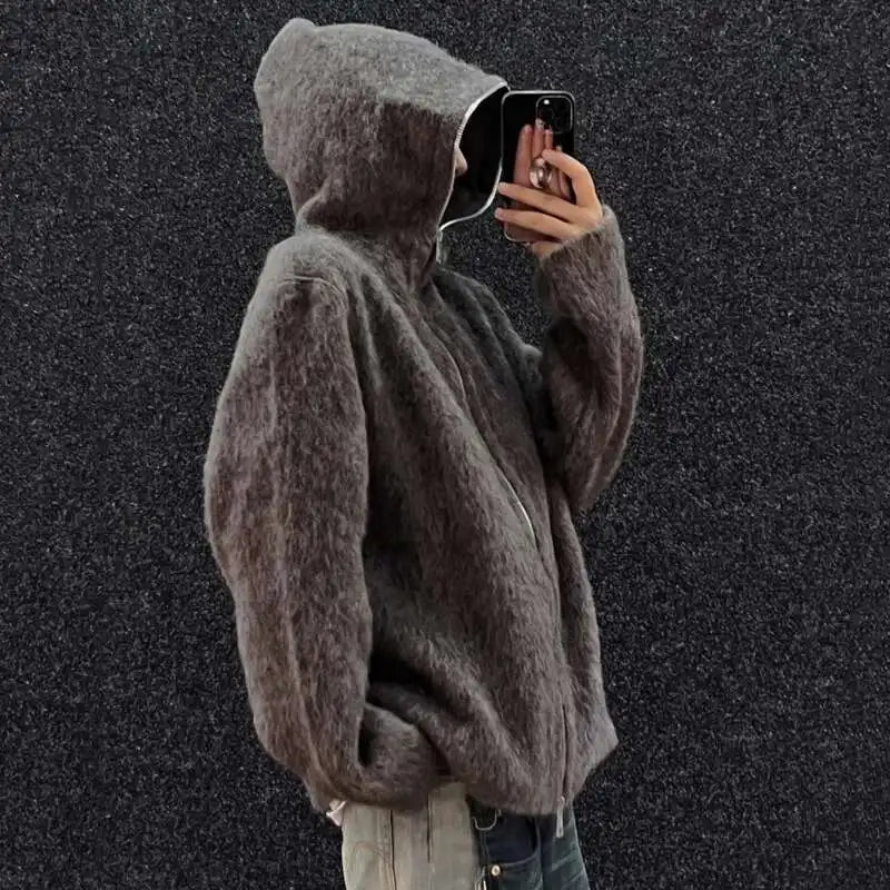 Hooded Zip Mohair Knit Cardigan